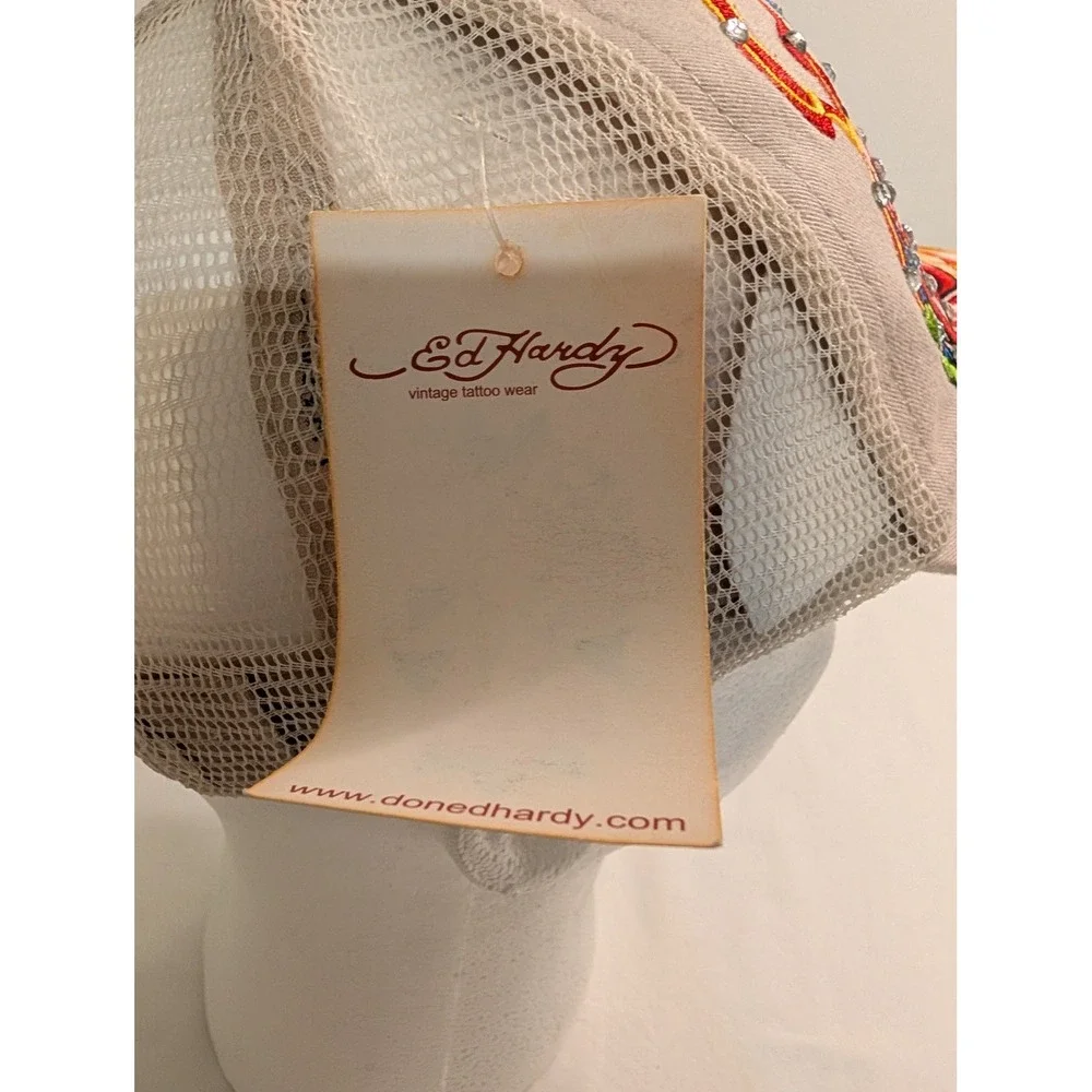 Ed Hardy Christian Audigier Vintage Trucker Hat Tan Rose Anchor Rhinestone NWT